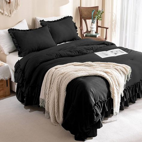 Amazon.com: Queen's House Black Ruffled King Size Comforter Set,Farmhouse Lightweight Fluffy Boho Chic Bedding Comforter,Ultra Soft Microfiber Inner Fill Bedding : Home & Kitchen Oversized King Comforter, Boho Chic Bedding, Rustic Boho Living Room, Ruffle Comforter, Shabby Farmhouse, Full Size Comforter, Black Comforter, King Size Comforter Sets, King Size Comforters