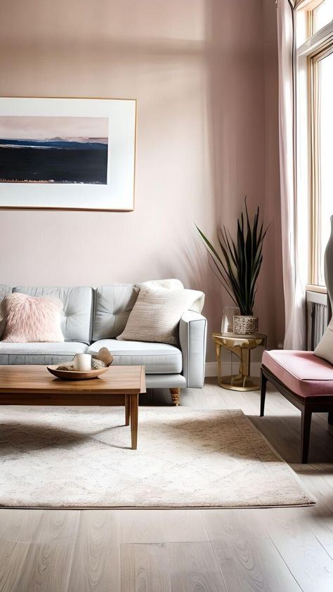 Blush Pink Walls Living Room, Dusky Pink Walls, Dusty Pink Feature Wall, Pale Pink Room Aesthetic, Pale Pink Wall Paint, Pink And Wood Living Room, Blush Walls Living Room, Blush Living Room Walls, Neutral Pink Living Room