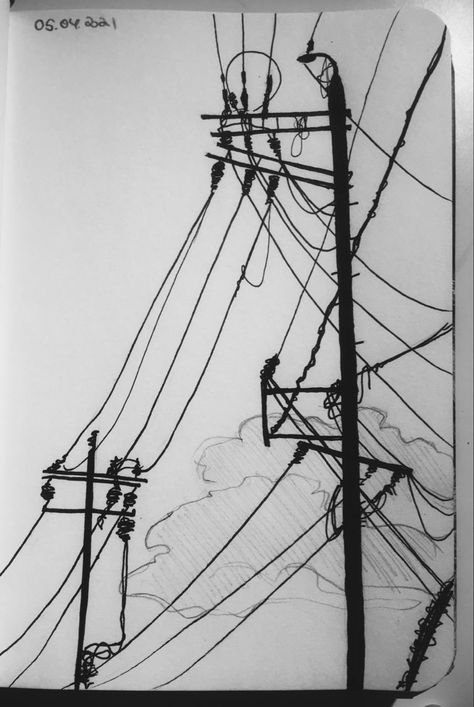 Telephone Line Tattoo, Power Lines Tattoo, Power Lines Drawing, Power Line Tattoo, Powerline Tattoo, Line Tattoo Arm, Line Drawing Tattoos, Shading Drawing, Bamboo Tattoo