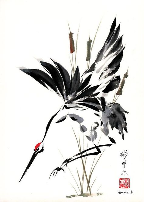 Grace Of Descent Painting by Bill Searle: Japanese Ink Painting, Sumi E Painting, Art Chinois, Chinese Brush Painting, Asian Painting, Chinese Brush, Art Asiatique, Tinta China, Brush Painting