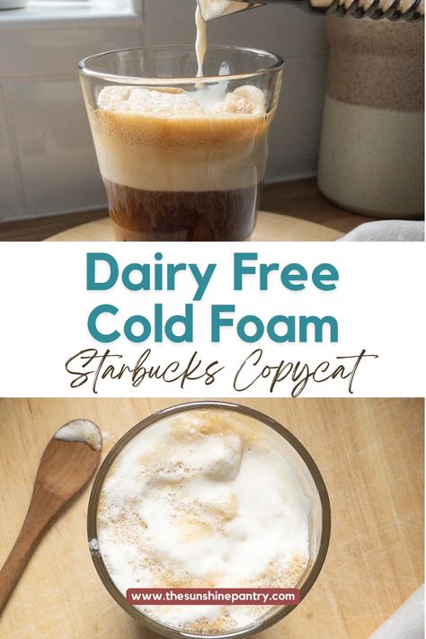 Easy Dairy Free Cold Foam Recipe (Starbucks Copycat) - The Sunshine Pantry How To Make Dairy Free Cold Foam, Dairy Free Cold Foam Recipe, Dairy Free Cold Foam, Cold Foam At Home, Frother Recipes, Cold Foam Recipe, Foam Recipe, Dairy Free Cooking, Cold Brew Coffee Recipe