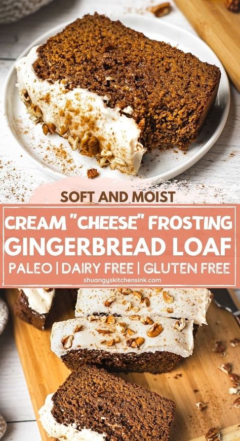 Almond Flour Gingerbread, Starbucks Gingerbread Loaf, Ginger Bread Loaf, Healthy Christmas Desserts, Healthy Cream Cheese Frosting, Healthy Paleo Desserts, Honey Cream Cheese, Paleo Gingerbread, Cashew Cream Cheese