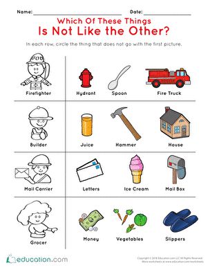 Children use their critical thinking skills and knowledge of community helpers to select the odd picture out. Evs Worksheet, Story Bags, Rhyming Words Worksheets, Community Workers, Quotes For Teachers, Kindergarten Social Studies, Free Preschool Worksheets, Math Assessment, Work Sheet