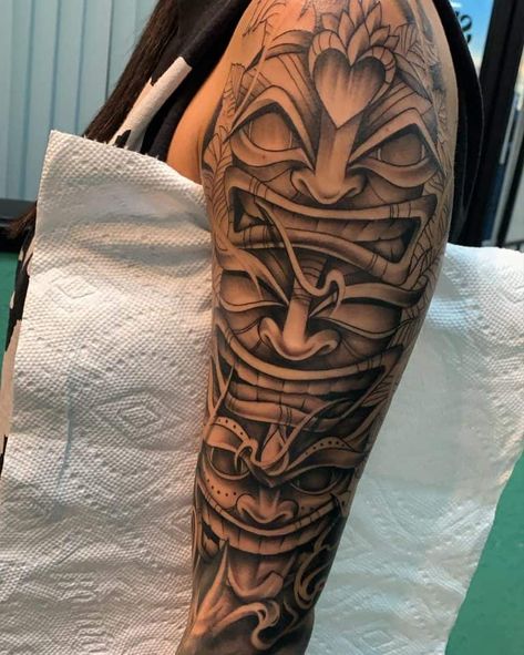 Top 63 Best Tiki Tattoo Ideas-[2021 Inspiration Guide] Tiki Sleeve Tattoo, Tiki Totem Tattoo, Maui Tattoo For Men, Tiki Head Tattoo, Tiki Tattoo Hawaiian, Tropical Tattoo For Men, Tiki Face Tattoo, Hawaiian Tiki Tattoo, Hawaiian Tattoo For Men