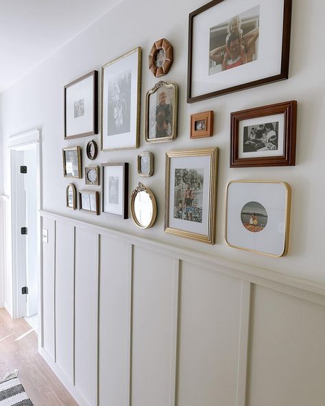 31+ Inspiring Photo Wall Ideas to Personalize Your Space Heirloom Gallery Wall, Photoframe Ideas In Wall, Picture Wall Small Frames, Gallery Wall 6 Frames Same Size, Bookshelf With Picture Frames, Modern Transitional Gallery Wall, Dining Room Gallery Wall Farmhouse, Gallery Wall Around Doorway, Hallway Framed Pictures