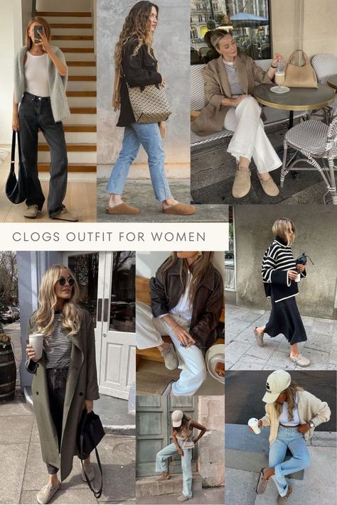 Chic Ways To Style Clogs | Outfit Idea | Fall Outfit Boston Birkenstock Outfit Aesthetic, Clog Shoes For Women, Clogs Office Outfit, Clog Slides Outfit, Outfits With Rothy Clogs, Women’s Outfits With Clogs, Footbed Clogs Outfit, Sorel Clogs Outfit, Jeans With Clogs Outfit