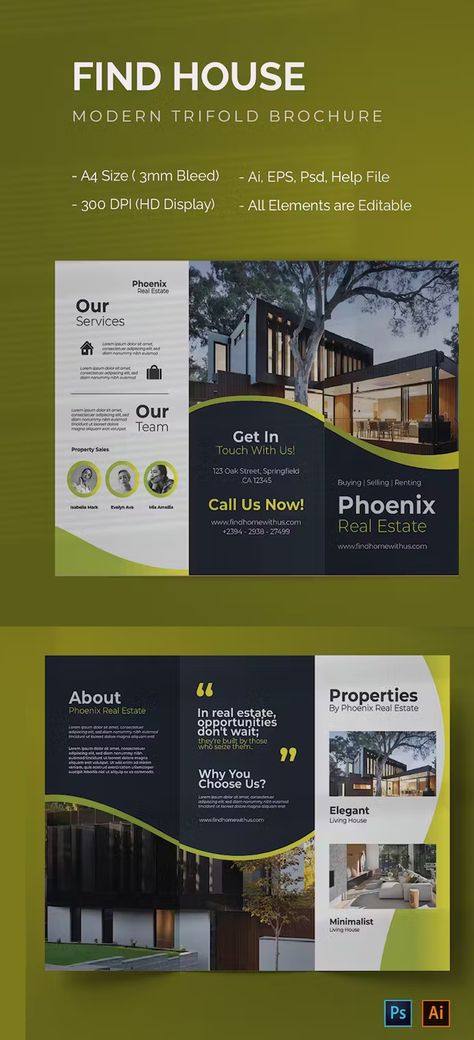 Find House Trifold Brochure Template AI, EPS, PSD Real Estate Trifold Brochure Design, House Brochure Design, Trifold Graphic Design, Modern Trifold Brochure Design, Real Estate Trifold Brochure, Brochure Design Layout Creative, Brochure Creative Design, Property Brochure Design, Bank Brochure