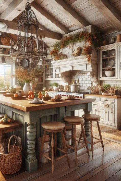 A farmhouse kitchen is perfect for embracing autumn's cozy charm! Its natural wood accents, open shelving, and vintage touches blend beautifully with fall's warm palette—think rich oranges, deep browns, and muted greens. Enhance the look with rustic decor, plaid patterns, and seasonal elements like pumpkins and gourds. This inviting style creates a welcoming atmosphere, making your kitchen the heart of autumn gatherings and seasonal warmth. Nature, Old Farmhouse Interior Vintage, Cozy Vintage Kitchen, Cozy House Kitchen, Inside Farmhouse, Home Decor Ideas Farmhouse, Cottage Core Home Decor, Natural Wood Accents, Cottage Core Home