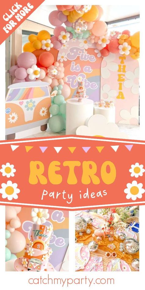 Retro Birthday Decorations, Groovy Theme Party Decorations, Five Party Theme, Groovy Boho Party, Retro Groovy Party, Retro Theme Birthday Party, Retro Groovy Birthday Party, Groovy Boho Birthday Party, Groove One Birthday Party