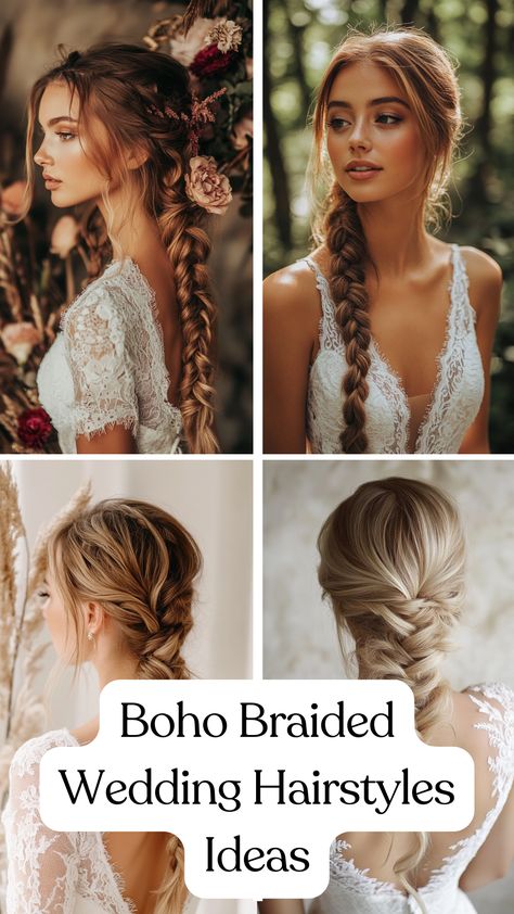 Bride with a boho braided hairstyle featuring a fishtail braid, creating an effortless and romantic wedding look. Wedding Hairstyles With Braids Updo, Braided Hair For Wedding Bridesmaid, Braid Hairstyles For Bride, Braided Hairstyles For Brides, Long Boho Braids Hairstyles, Boho Braided Wedding Hair, Wedding Hairstyles Medium Length Braid, Crown Braid Wedding Hair, Bride Braid Hairstyle