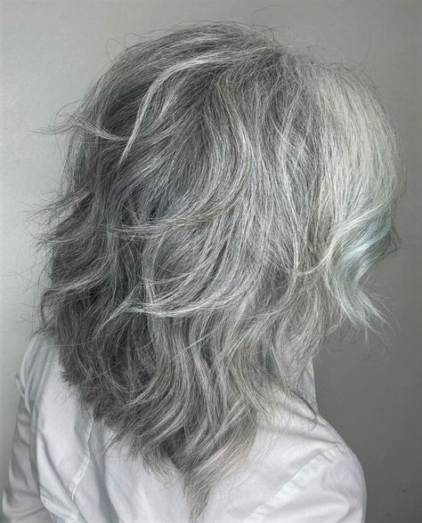 Medium Gray Shag with Money Piece Grey Hair And Glasses, Grey Hair With Bangs, Gray Hair Styles, Grey Hair Over 50, Grey Hair Inspiration, Salt And Pepper Hair, Beautiful Gray Hair, Gray Hair Cuts, Grey Hair Styles For Women