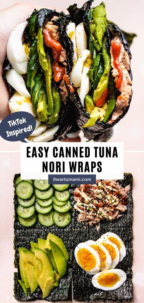 TikTok-inspired Nori Wraps with canned tuna are a fun way to make sushi! Pick-and-choose what goes into the sushi wraps for lunch in minutes! #sushi #nori #seaweed #lowcarb #keto #Whole30 #cannedtuna #tuna #seafood #lunch #snack Keto Seaweed Snacks, Nori Tuna Wraps, Healthy Seaweed Wraps, Nori Snack Ideas, Seaweed Nori Recipe, Nori Wraps Vegan, Nori Lunch Ideas, Keto Nori Wrap, Nori Snacks Recipe