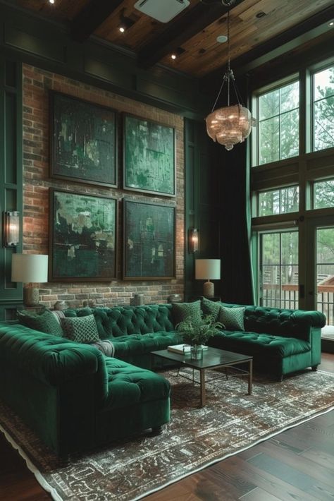 40 Decor Ideas for Large Walls: Maximizing Your Space with Style Tall Wall Decor High Ceilings, Dark Green Couch, Dark Green Couches, Sage Living Room, Tall Wall Decor, Moody Interior Design, Large Walls, Maximalist Interior Design, Brown Leather Couch