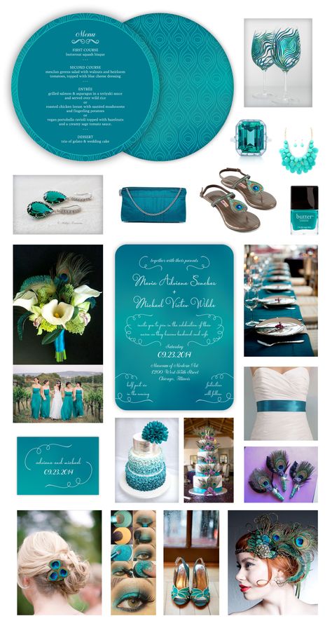 Peacock Wedding Theme --  Peacock Blue Wedding Inspiration -- Peacock Feathers -- Teal Ombre Wedding Invitation, Peacock Feather Pattern Wedding Menu & Blue Ombre Wedding Favor Card/ Gift Tag designed by Lauren DiColli Hooke for KleinfeldPaper.com Peacock Teal Wedding, Teal And Gold Beach Wedding, Cyan And Gold Wedding Theme, Peacock Blue Wedding, Wedding Themes Colors, Peacock Wedding Favors, Blue And Green Wedding, Teal Inspiration, Peacock Wedding Inspiration