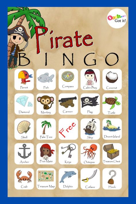 Pirate Bingo kids party game, with 30 different kid-friendly card designs, perfect for any pirate birthday party, classroom or preschool activity or some just summer fun at a family gathering. Pirate Bingo, Party Family Games, Boys Sleepover, Pirate Compass, Family Games Night, Boy Sleepover, Bingo For Kids, Pirate Island, Games Night