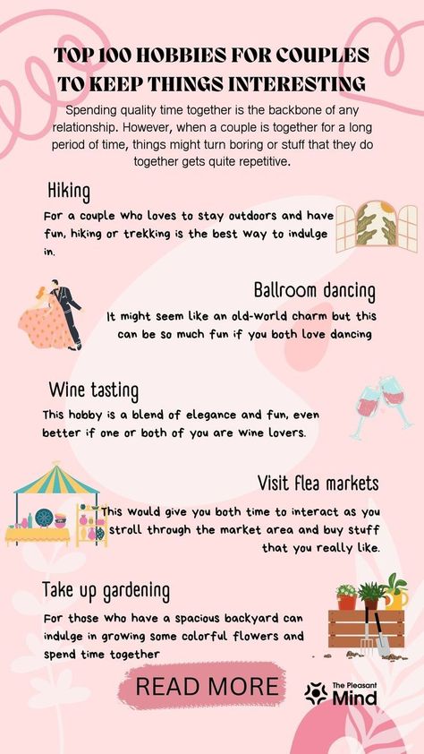 Top 100 Hobbies for Couples to Keep Things Interesting💕#LoveStory #RomanticEncounters #HeartfeltConnections #DateNightIdeas #SoulmateSearch #FlirtyFridays #CandlelitDinners #StarryEyedMoments #LoveQuotes #DreamyDates #WhisperedPromises #AmourAdventures More Love Letters, The Power Of Vulnerability, Relationship Games, Hobbies For Couples, Couple Activities, Distance Love, Acts Of Love, Love Facts, Finding Your Soulmate