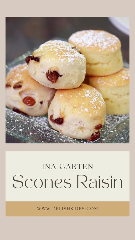 The pin showcases a tantalizing image of Ina Garten's Raisin Scones. The scones are beautifully arranged on a plate, exhibiting their golden-brown crust and flaky layers. Raisin Scones Recipe, Raisin Scones, Best Scone Recipe, Scones Recipe Easy, Homemade Scones, Savory Scones, Ina Garten Recipes, Scones Recipe, English Food