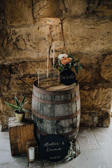 Whiskey Barrel Card Box Wedding, Whiskey Barrel Table Wedding, Rustic Barrel Wedding Decor, Wooden Barrel Table, Barrel At Wedding, Wooden Barrel Wedding Decor, Whiskey Barrel Ideas Wedding, Whiskey Bottle Wedding Decor, Distillery Wedding Decor