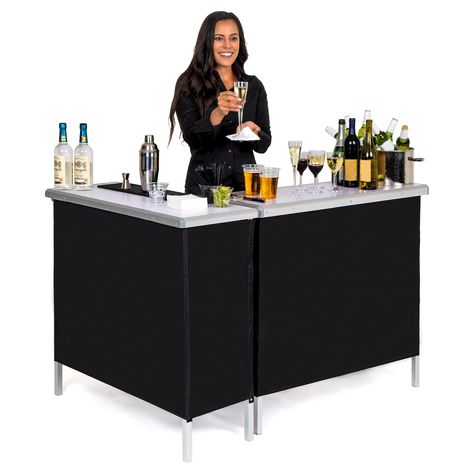 PRICES MAY VARY. DOUBLE BAR SET: Includes 2 portable bar tables and 2 attachable black bar skirts that works for casual and formal events MOBILE BARTENDERS: Get 2x the space for large parties and events; Includes 2 clamps to connect the tables in an L-shape or side by side; Each table measures 39 x 36 x 15 inches (W x H x D) when open and in total weighs only 25 pounds SOCIAL EVENT FAVORITE: Ideal for parties, trade shows, corporate events, and more; Highly portable with instant, no tool setup S La Ceiba, Event Space Kitchenette, Mini Mobile Bar, Outdoor Bar On Wheels, Outdoor Bar Ideas For Party, Coffee Cart For Events, Bar Ideas For Party, Diy Mobile Bar, Foldable Bar