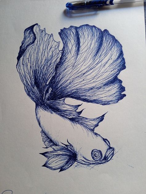 Whale Pen Drawing, Pen Fish Drawing, Underwater Pen Drawing, Fish Pen Drawing, Pen Drawings Aesthetic, Blue Pen Drawing, Gel Pen Doodles, Mental Crisis, Siamese Fish