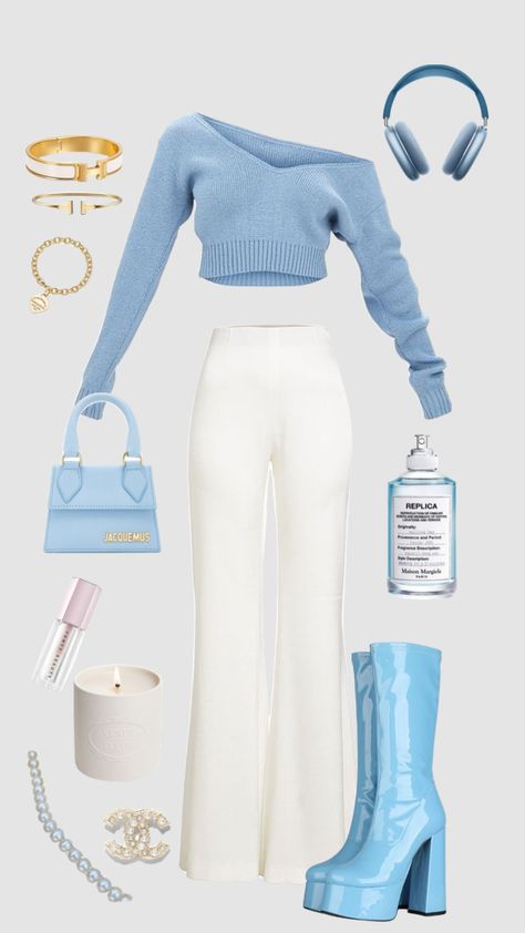 #blue #cute #lightblue #fitinspo Winter Blue Outfit, Fashion Outfits Blue, Pastel Blue Outfit, Blue Outfit Winter, Blue Pants Outfit, Baby Blue Pants, Sky Blue Outfit, Winter Birthday Outfit, Blue And White Outfits