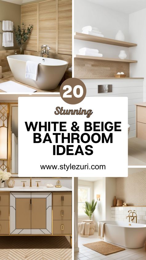 20 Stunning White and Beige Bathroom Ideas for a Relaxing and Elegant Space - Style Zuri White Cream Beige Bathroom, White Gold And Wood Bathroom, White And Taupe Bathroom, Black White And Beige Bathroom, White And Beige Bathroom Ideas, White And Tan Bathroom, White Beige Bathroom, Bathroom Tile Color Schemes, Tan And White Bathroom