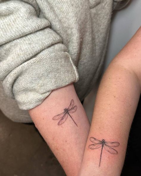 Matching micro-reaslitic dragonfly tattoo for best Dragonfly Tattoo On Arm, Dragonfly Tattoo Fine Line, Dragonfly Arm Tattoo, Dragonfly Tattoo Men, Virgo Aesthetic Tattoo, Outer Forearm Tattoo Women Unique, Dragonfly Tattoo Arm, Fine Line Tattoo Back, Butterfly And Dragonfly Tattoo