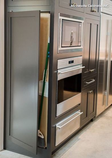 Small Wonders: 9 Space-Saving Broom Closets Broom Cabinet, Shallow Cabinets, Fridge Wall, Broom Storage, Beach Style Kitchen, Laundry Nook, Dressing Design, Utility Closet, Pantry Fridge