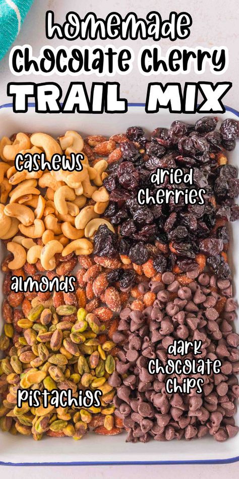 Trail mix with chocolate and cherries Nut Mixes Recipe, Healthy Dry Snacks, Diy Trail Mix Recipe, Dried Cherries Recipes, Trail Mix Recipes Healthy, Home Made Trail Mix Recipes Healthy Snacks, How To Make Trail Mix Recipes Healthy Snacks, Sweet And Spicy Trail Mix Recipes, Fall Trail Mix Recipe