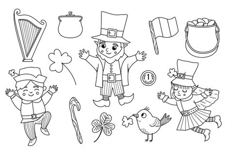 Vector black and white Saint Patrick Day symbols. National Irish holiday line icons pack. Cute funny leprechaun, shamrock, harp, flag outline illustration or coloring page. Flag Outline, Outline Illustration, Saint Patrick, Line Icon, Icon Pack, Harp, Coloring Page, St Patrick, St Patricks Day