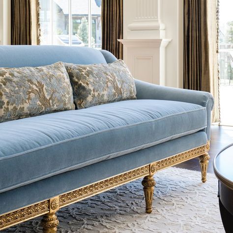 Velvet Coach, French Blue Velvet Sofa, French Blue Sofa, Light Blue Velvet Sofa Living Room, Light Blue Couch Decor, Light Blue Velvet Couch, One Cushion Sofa, Blue Sofa Cushion Ideas, Light Blue Velvet Sofa