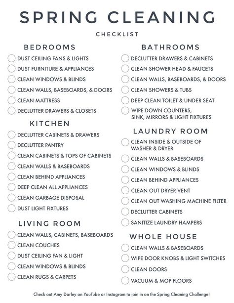 Organisation, Spring Cleaning Checklist Printable, Spring Cleaning List, Cleaning Baseboards, Cleaning Checklist Printable, Deep Cleaning Checklist, Cleaning Cabinets, Cleaning Faucets, Cleaning Blinds