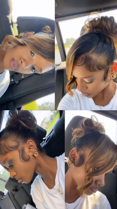 Messy bun & bang w/ curls Side Bang With Bun, Bun With Curls Hanging Down, Messy Bun With Bangs, Curled Bangs, Swoop Bangs, Bun With Curls, Messy Curly Bun, Prom Buns, Bangs Tutorial