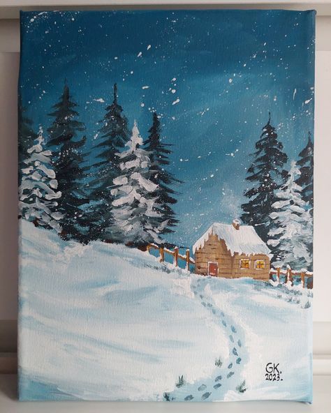 Winter Sunrise Painting, Winter Scapes Painting, Cute Winter Paintings, Acrylic Painting Winter, Winter Acrylic Paintings, Winter Paintings, Winter Painting Ideas, Winter Scene Paintings, Christmas Canvas Art