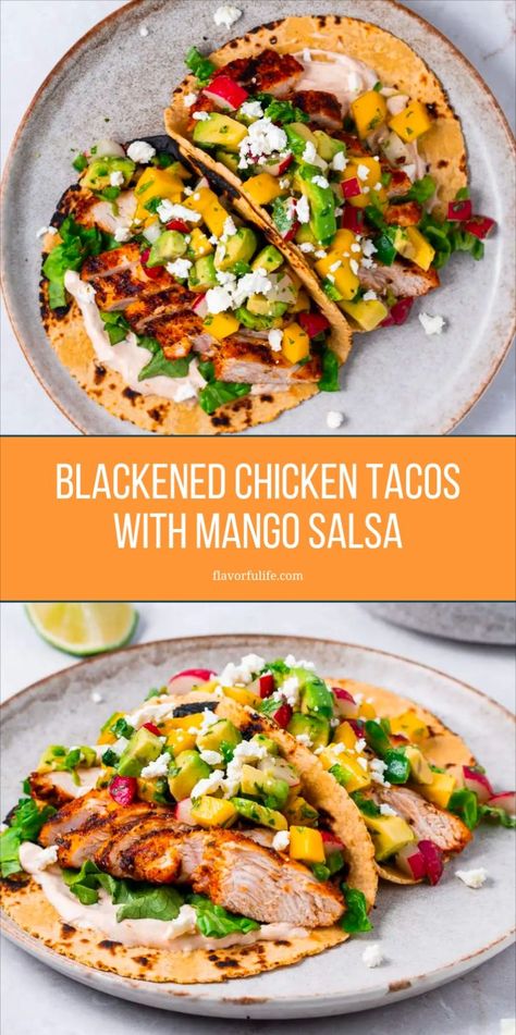 These blackened chicken tacos with mango avocado salsa are a new go-to weeknight dinner idea in this household. I'm a fan of trying unique tacos recipes and these have just the right blend of spice and sweetness. Deeply seasoned chicken, a balanced mango avocado salsa and creamy chipotle lime sauce come together to make these easy blackened chicken tacos. Blackened Chicken Tacos, Chicken Tacos With Mango Salsa, Easy Blackened Chicken, Best Chicken Tacos, Unique Chicken Recipes, Mango Tacos, Chicken Tacos Recipe Easy, Mango Salsa Chicken, Tacos With Mango Salsa