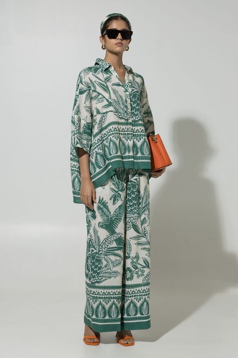 Buy Green Linen Printed Floral Collar Cordelia Shirt And Pant Co-ord Set For Women by Sobariko Online at Aza Fashions.