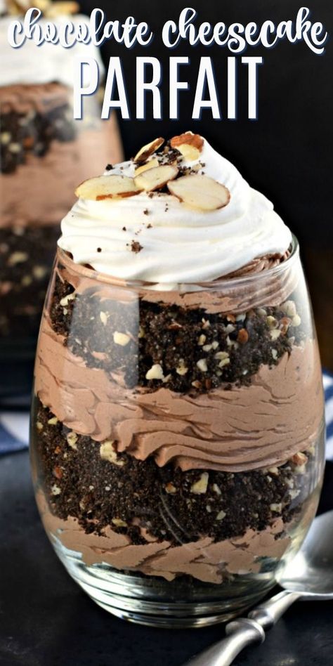 Beautiful layered Chocolate Almond Cheesecake Parfait! Chocolate sandwich cookies with almonds to create a crunchy crust, with a creamy chocolate cheesecake! Perfect for two! #thinkfisher #ad Pound Cake Parfait Desserts, Parfait Recipes Chocolate, Chocolate Cheesecake Parfait, Desert Cups Ideas Chocolate, Chocolate Parfait Cups, Pudding Parfait Desserts, Jello Parfait Recipes, Parfait Recipes Dessert, Cheesecake Parfait Cups