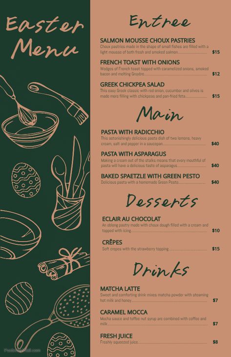 Black and Brown Easter entree menu design template Black Menu Design, French Menu Design, Dessert Menu Design, Menu Book Design, Menu Design Ideas Templates, Modern Menu Design, Menu Design Restaurant, Menus Design, Menu Design Layout