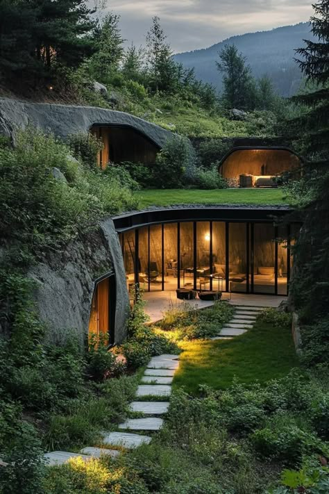 Modern underground bunker house in mountain forest with lush garden yard. Check out these stunning houses nestled in the serene and rugged beauty of mountain woods. Get inspired by nature! Modern Underground Homes, Nature House Design Architecture, Dream Forest House, Big Sur Architecture, Building Into A Hillside, Natural Building Architecture, House Near Nature, Houses That Blend In With Nature, Architecture Blending With Nature