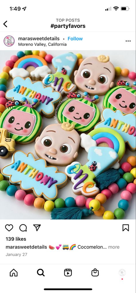 Cocomelon Party Snack Ideas, Coco Melon Nails, Coco Melon Themed Birthday Party, Cocomelon 2nd Birthday Party Ideas, Cocomelon Decorated Cookies, Cocomelon Cookies 2nd Birthday, Cocomelon Birthday Food Ideas, Coco Melon Cookies Decorated, Cocomelon Birthday Cookies