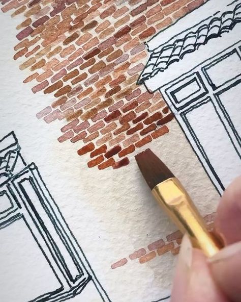 Daily Dose Of Sketch ✏️ on Instagram: "Painting bricks 🧱🖌️ Credit: @sometimessarahpaints" Croquis, Brick Wall Drawing, Painting Bricks, Drawing Cards, Watercolor House Painting, Architecture Drawing Sketchbooks, Building Sketch, Building Painting, Watercolor Architecture