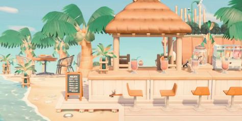 Beach Inspo Animal Crossing, Animal Crossing Island Inspo Beach, Animal Crossing Beach Deck, Animal Island Ideas, Beach Neighborhood Animal Crossing, Acnh Island Beach Ideas, Animal Crossing Beach Bar Ideas, Acnh Beach Resort Ideas, Themes For Animal Crossing Island