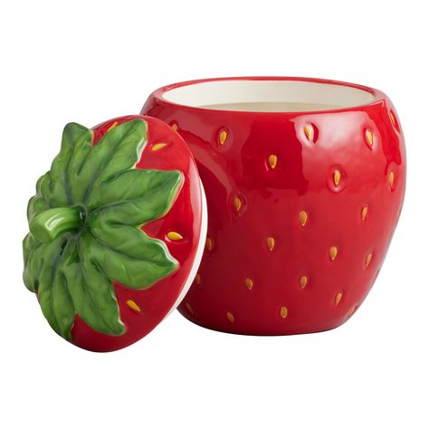 Hand Painted Ceramic Strawberry Figural Cookie Jar - World Market Strawberry Ceramic Bowl, Strawberry Bowl Ceramic, Ceramic Strawberry, Strawberry Bowl, Collectible Cookie Jars, Strawberry Kitchen, Strawberry Farm, Strawberry Decorations, Ceramic Cookie Jar