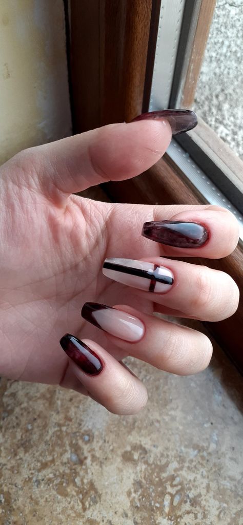 Goth Coffin Shaped Nails, Black Nails Cross Design, Upside Down Cross Nails, Crosses On Nails, Goth Nails Coffin Shape, Black Nails With Cross Design, Bruja Nails, Black And Burgundy Nails, Cross Nails Acrylic