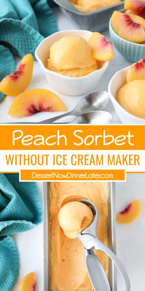 Easy peach sorbet without an ice cream maker! Soft-serve ready-to-eat in 5 minutes with frozen peaches, or use fresh peaches and freeze it for later. A refreshing frozen dessert. Sorbet Recipes Easy, Fruit Sorbet Recipe, Slushie Recipes, Peach Sorbet Recipe, Healthy Peach Recipes, Peach Frozen Yogurt, Sorbet Dessert, Homemade Peach Ice Cream, Fresh Peach Recipes