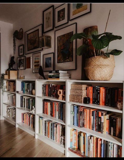 Gallery Wall Bookcase, Books In Apartment, 2 Bookshelves In Living Room, Billy Bookshelf Wall, Low White Bookcase, Bookshelf Gallery Wall, Book Case Ideas Living Room Apartment, Rent Friendly Bookshelves, Bookshelves In Apartment