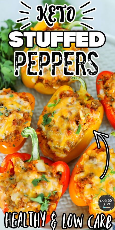 Low carb keto stuffed peppers recipe with cauliflower but no rice that make and easy and healthy dinner. Stuffed with beef or sausage, cheese, and low carb vegetables. Stuffed Peppers Without Rice, Stuffed Peppers Keto, Best Stuffed Peppers, Stuffed Bell Peppers Ground Beef, Recipe With Cauliflower, Dinner Cauliflower, Low Carb Stuffed Peppers, Italian Stuffed Peppers, Stuffed Peppers Beef