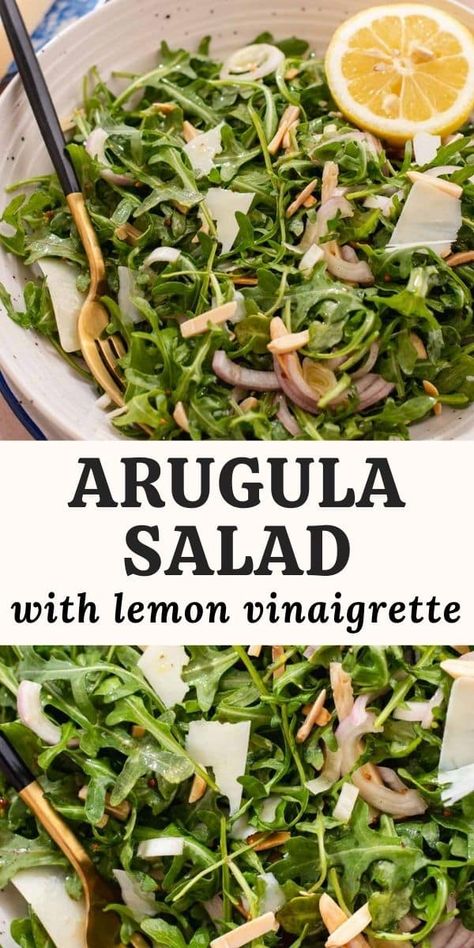 This vibrant and simple arugula salad is served with a zesty lemon vinaigrette, fresh Parmesan, and toasted almonds. It's the perfect side salad to serve with dinner and it comes together in less than 15 minutes! Salad Arugula Recipes, Arugula Salad With Lemon Vinaigrette, Arugula Recipes Salad, Arugula Sauteed, Balsamic Salad Recipes, Easy Arugula Salad, Simple Arugula Salad, Potluck Salads, Sauteed Tofu