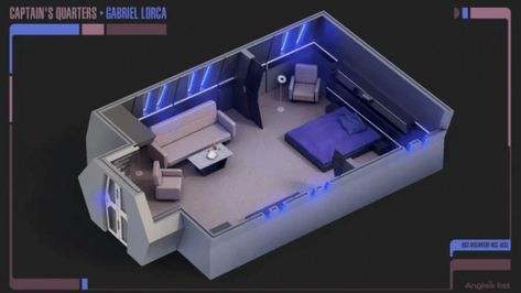 How to Create a Star Trek Bedroom in Your Apartment: lighting is key. star trek lorca bedroom | Rent.com Huge Bathtub, Captain's Quarters, Star Trek Theme, Captains Quarters, Star Fleet, Captain Picard, Star Trek Captains, Star Trek Show, Spaceship Interior