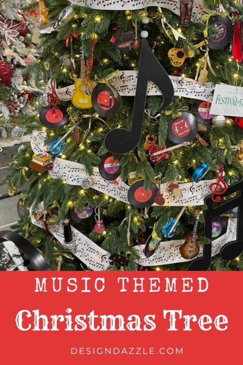 Themed Christmas Tree Ideas, Music Office, Rotating Christmas Tree, Trees With Lights, Themed Christmas Tree, Christmas Playlist, Elf Christmas Tree, Crafts Holiday, Office Christmas Party